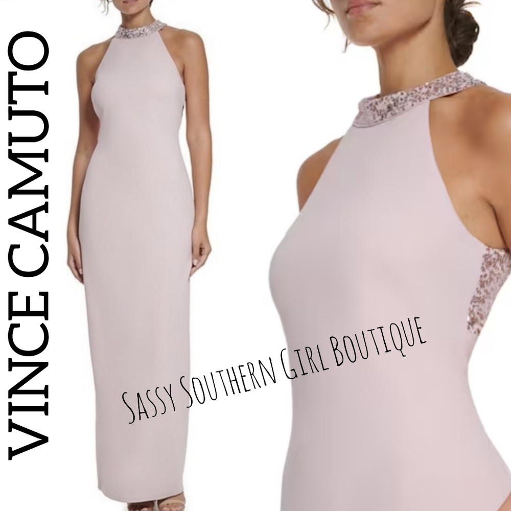 🆕⭐ Vince Camuto soft mauve pink halter sequin maxi dress